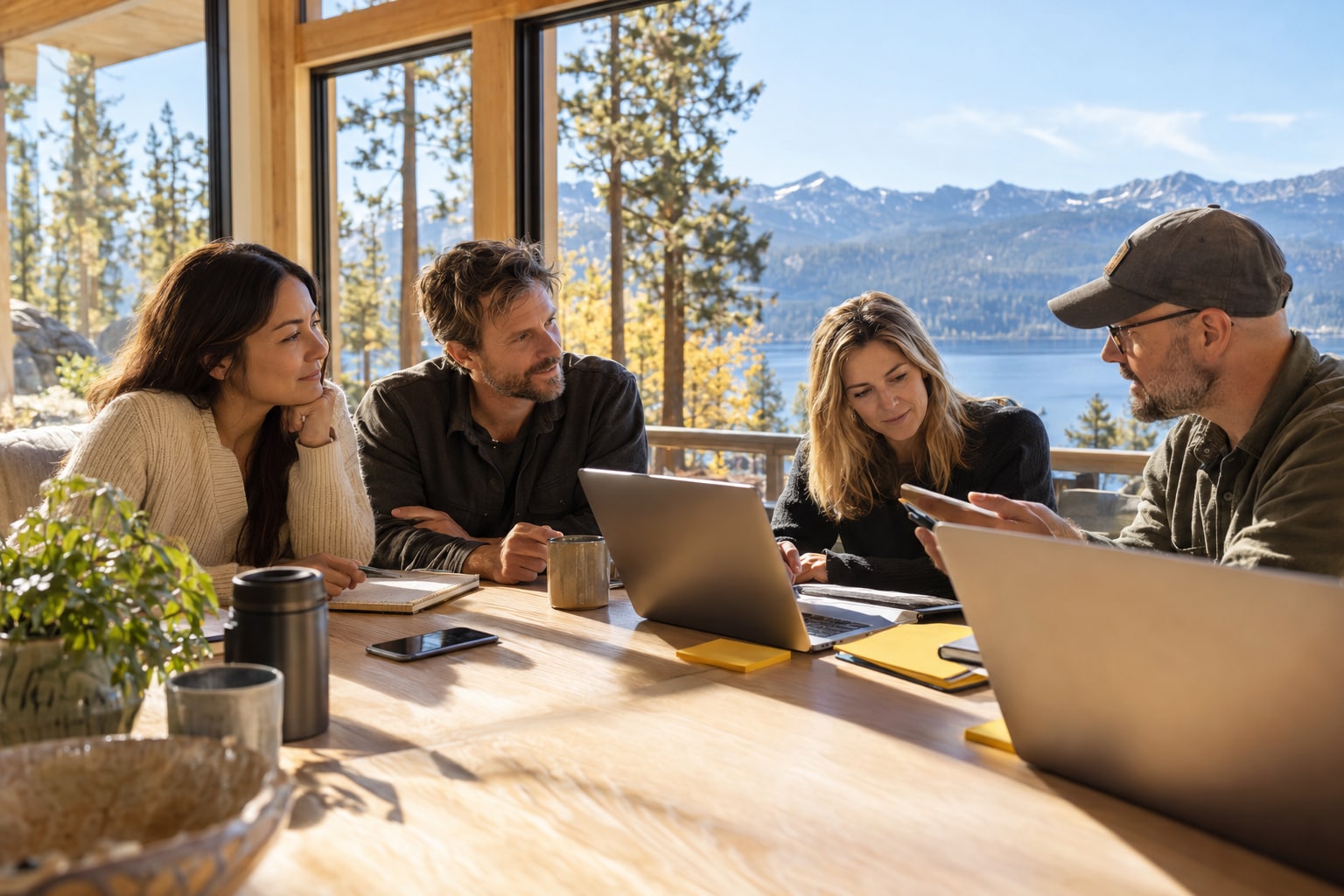 Illustration of founders collaborating with laptops in an imagined Tahoe-area workshop.
